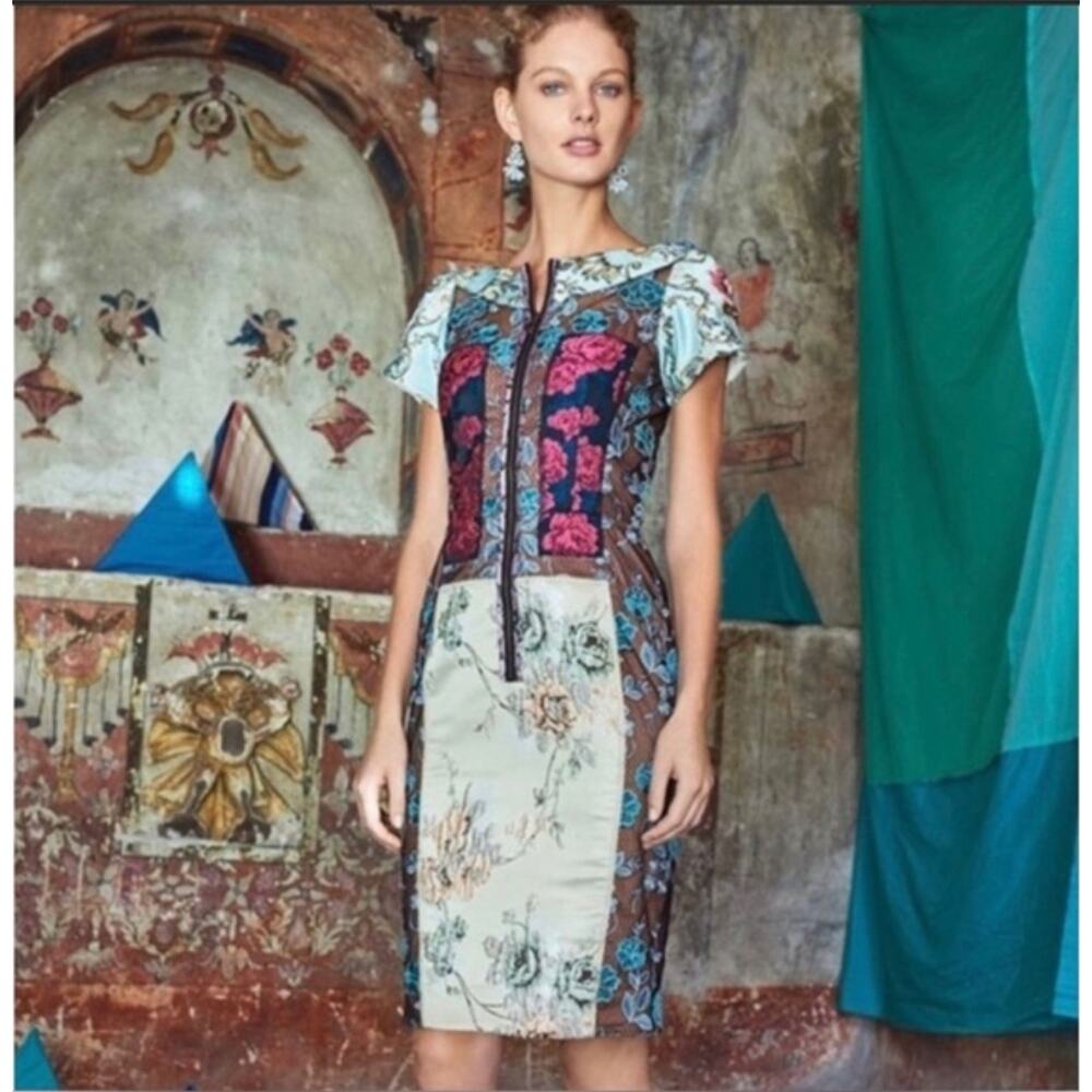 Byron Lars Beguile Y2K Brocade Tourquoise Pink Floral Sheath Mini Dress 4